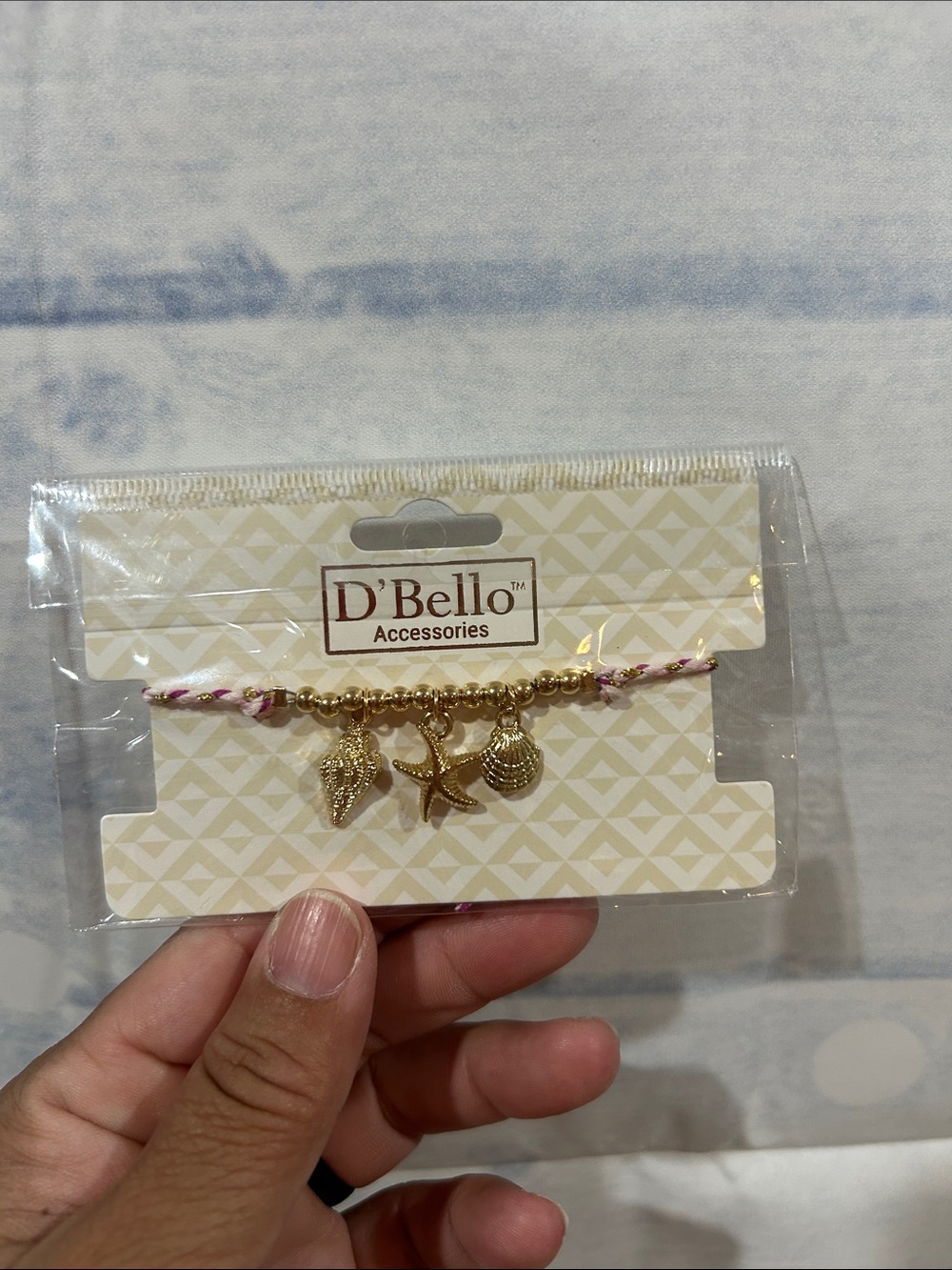 D'Bello Gold Charm Bracelet with Pink and White Braided Cord